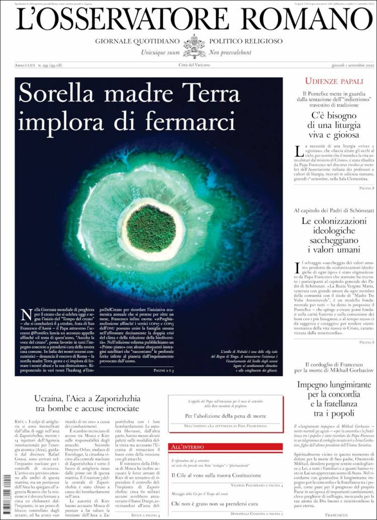 Portada de L'Osservatore Romano (Italia)