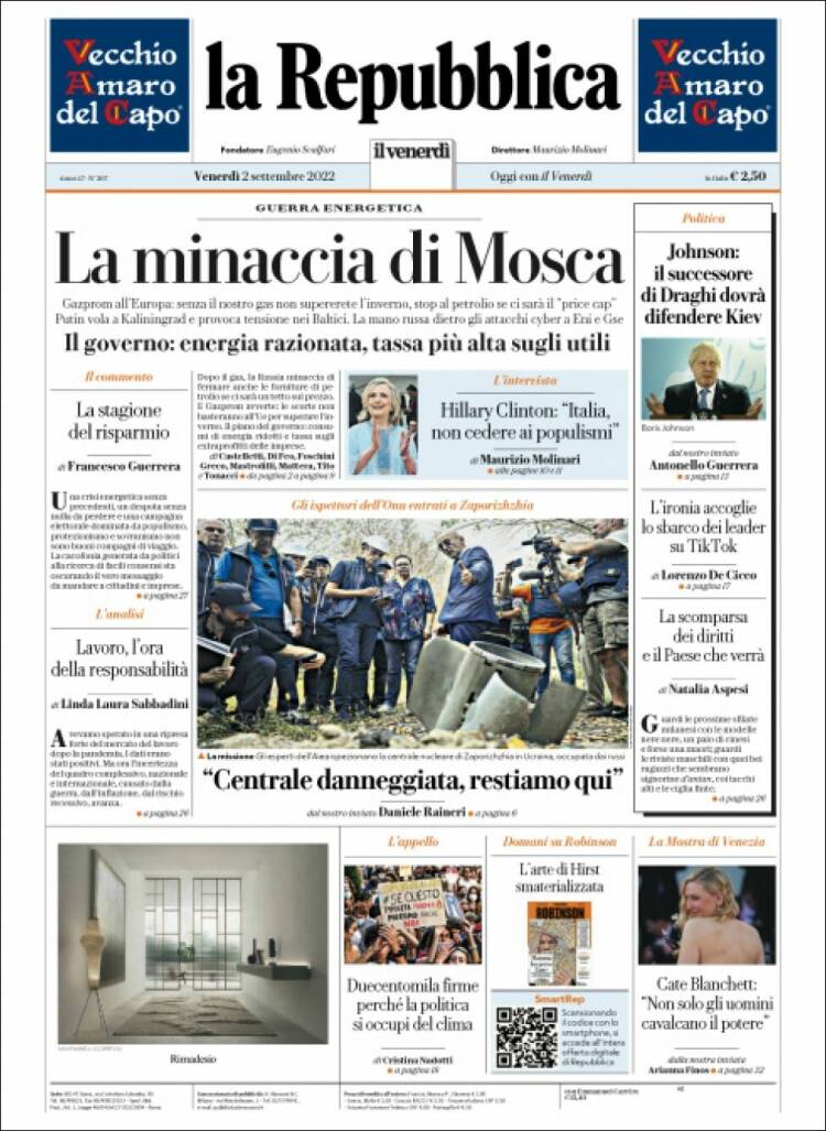 Portada de La Repubblica (Italia)