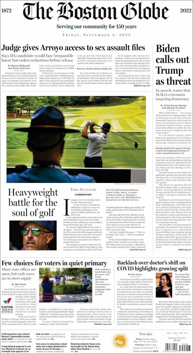 Portada de Boston Globe (USA)