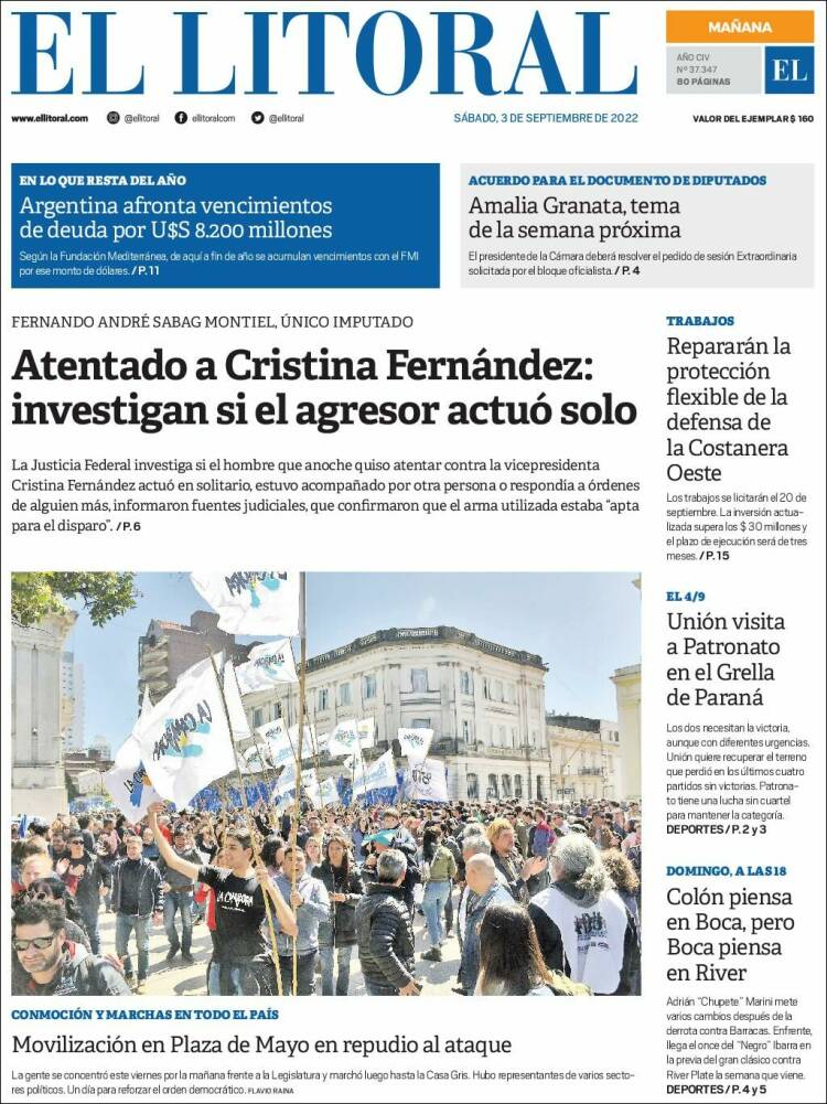 Portada de Diario El Litoral (Argentina)