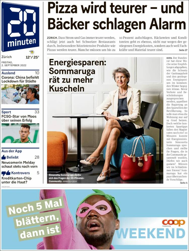 Portada de 20Minuten - Zürich (Suiza)