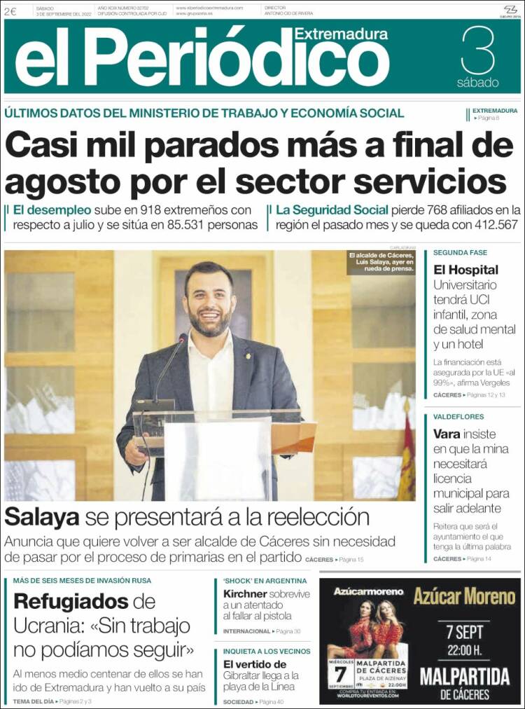 Portada de El Periódico de Extremadura (España)