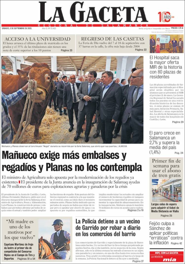 Portada de La Gaceta de Salamanca (España)