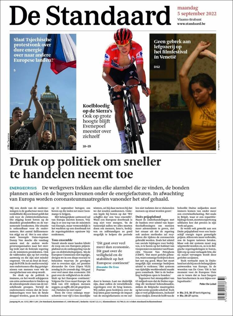 Portada de De Standaard (B&eacute;lgica)