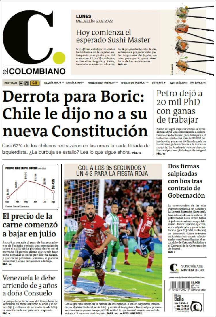 Portada de El Colombiano (Colombia)