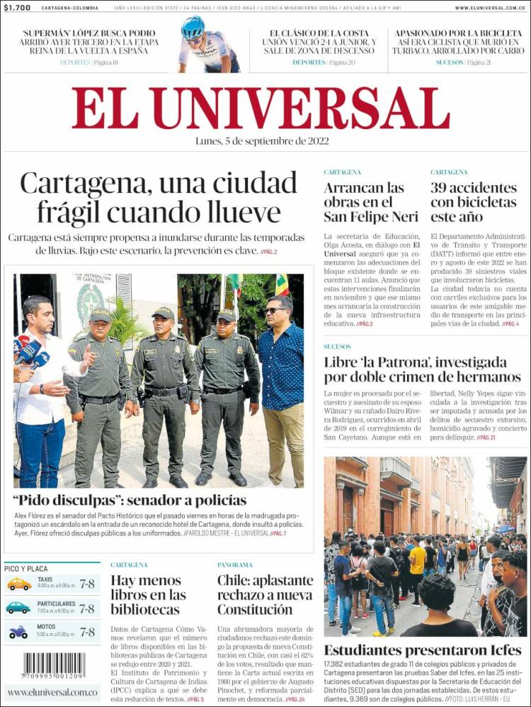 Portada de El Universal (Colombia)