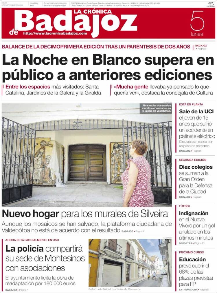 Portada de La Crónica de Badajoz (España)