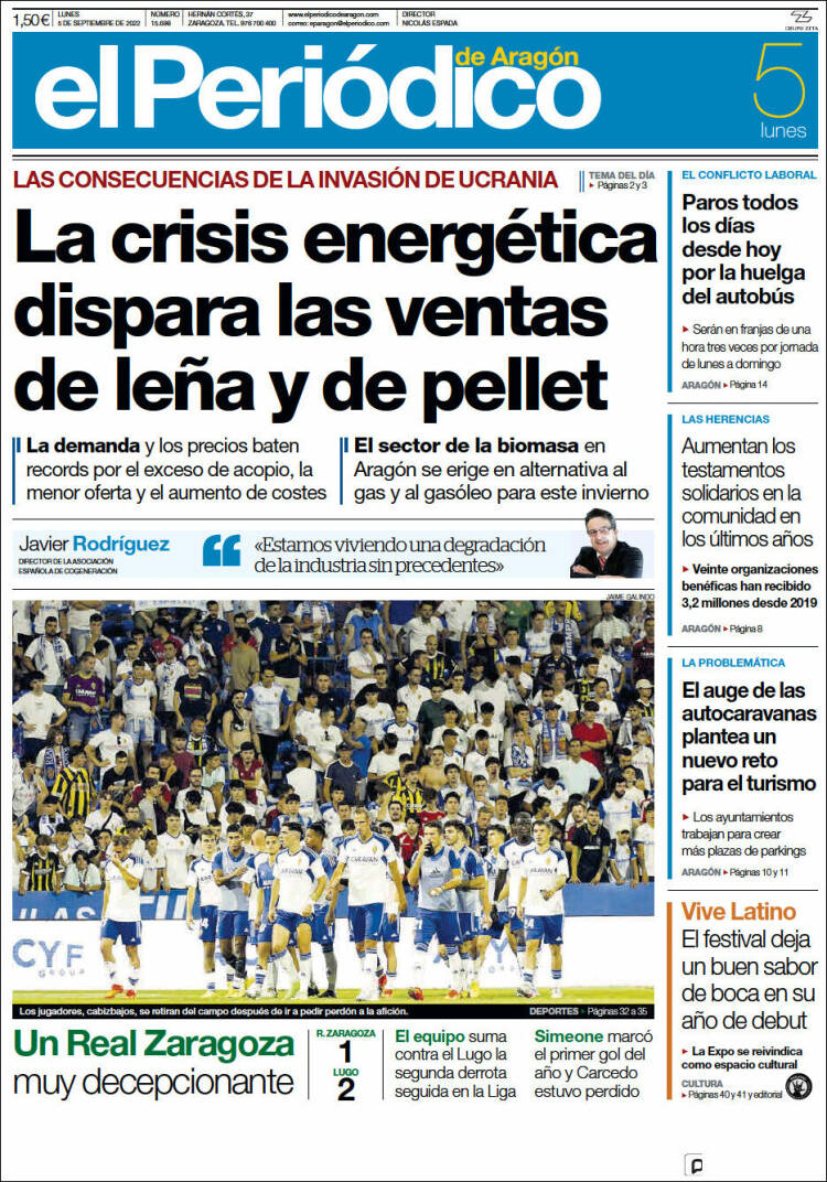 Portada de El Periódico de Aragón (España)