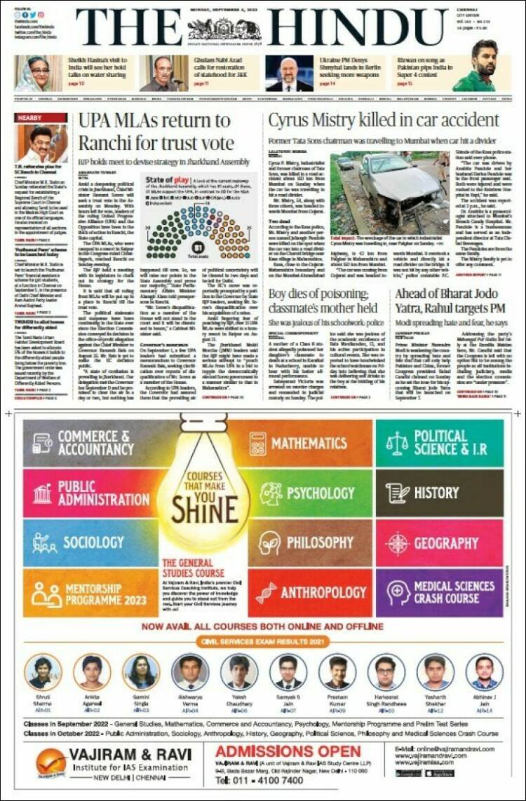 Portada de The Hindu (India)