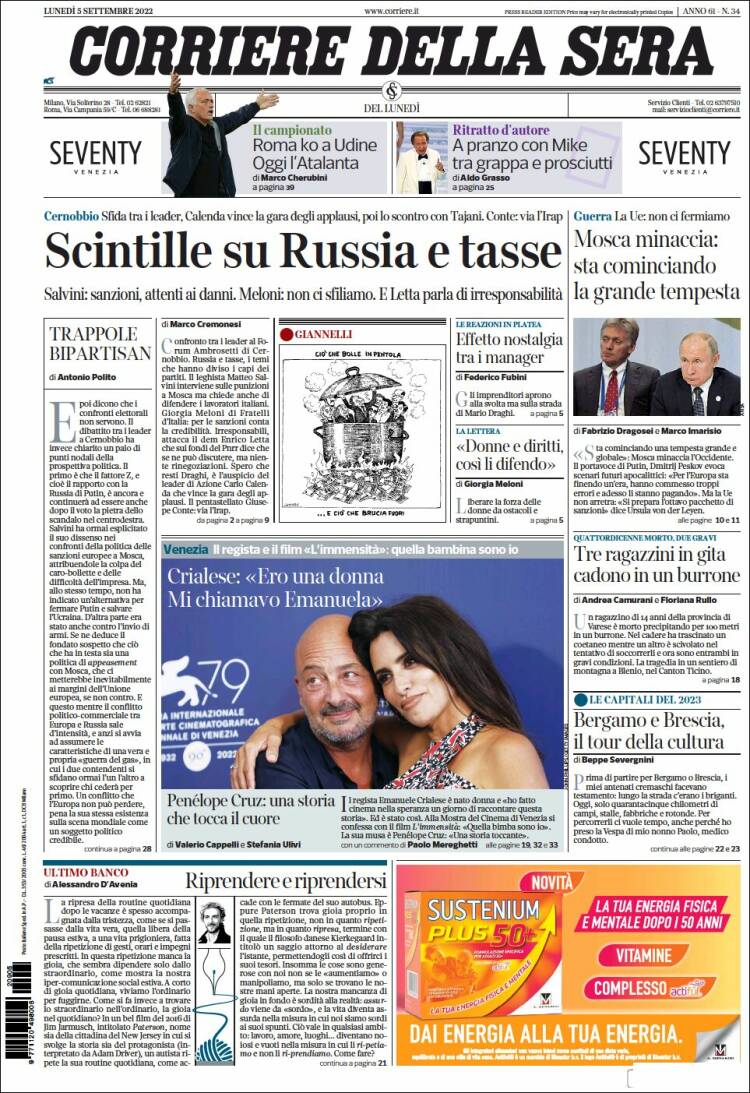 Portada de Corriere della Sera (Italia)
