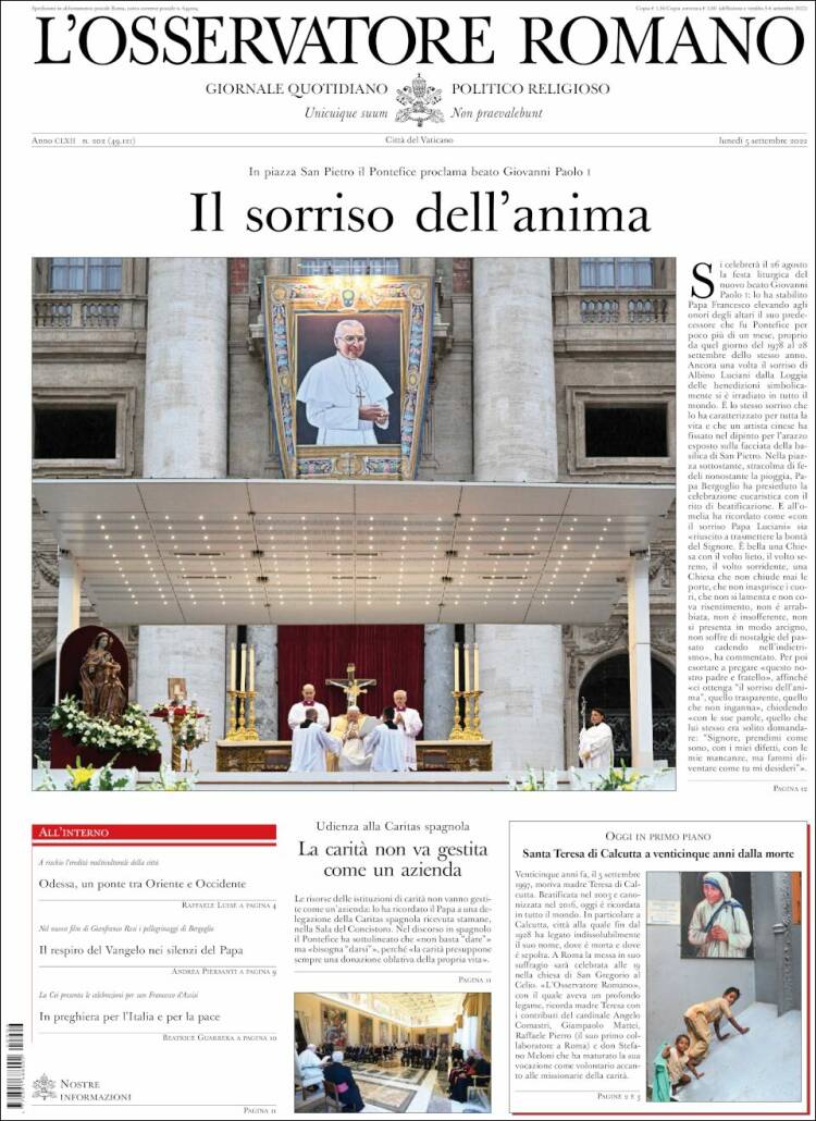 Portada de L'Osservatore Romano (Italia)