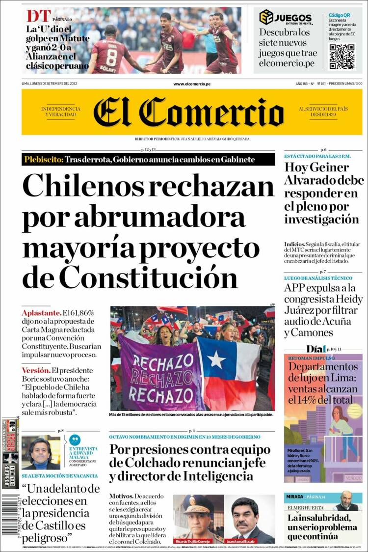 Portada de El Comercio (Per&uacute;)