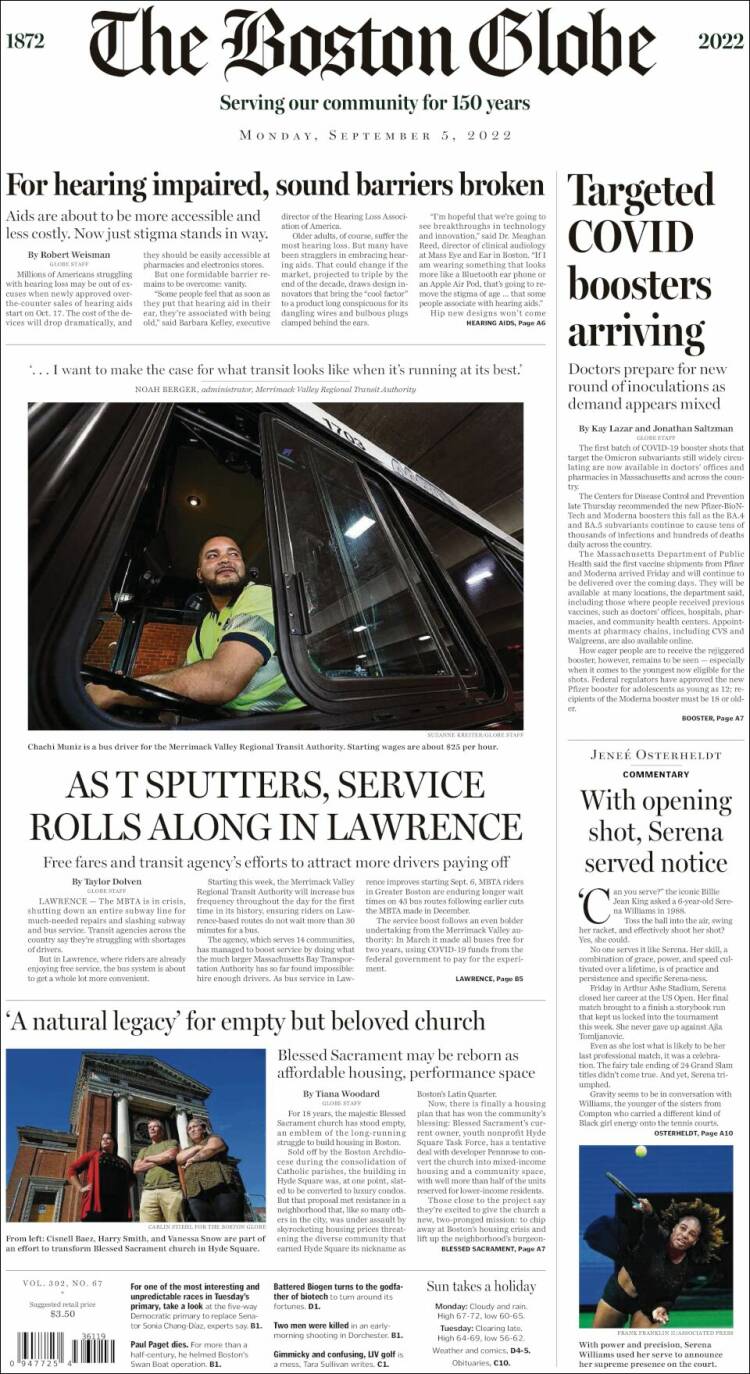 Portada de Boston Globe (USA)