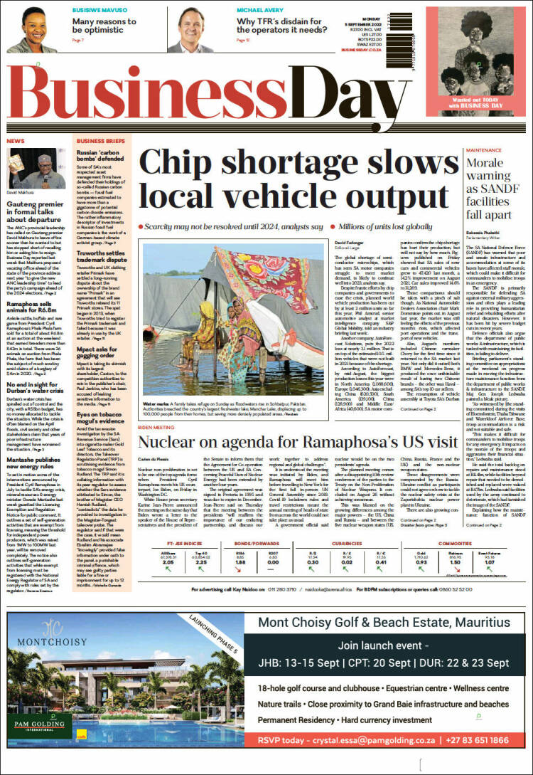 Portada de Business Day (Sud&aacute;frica)