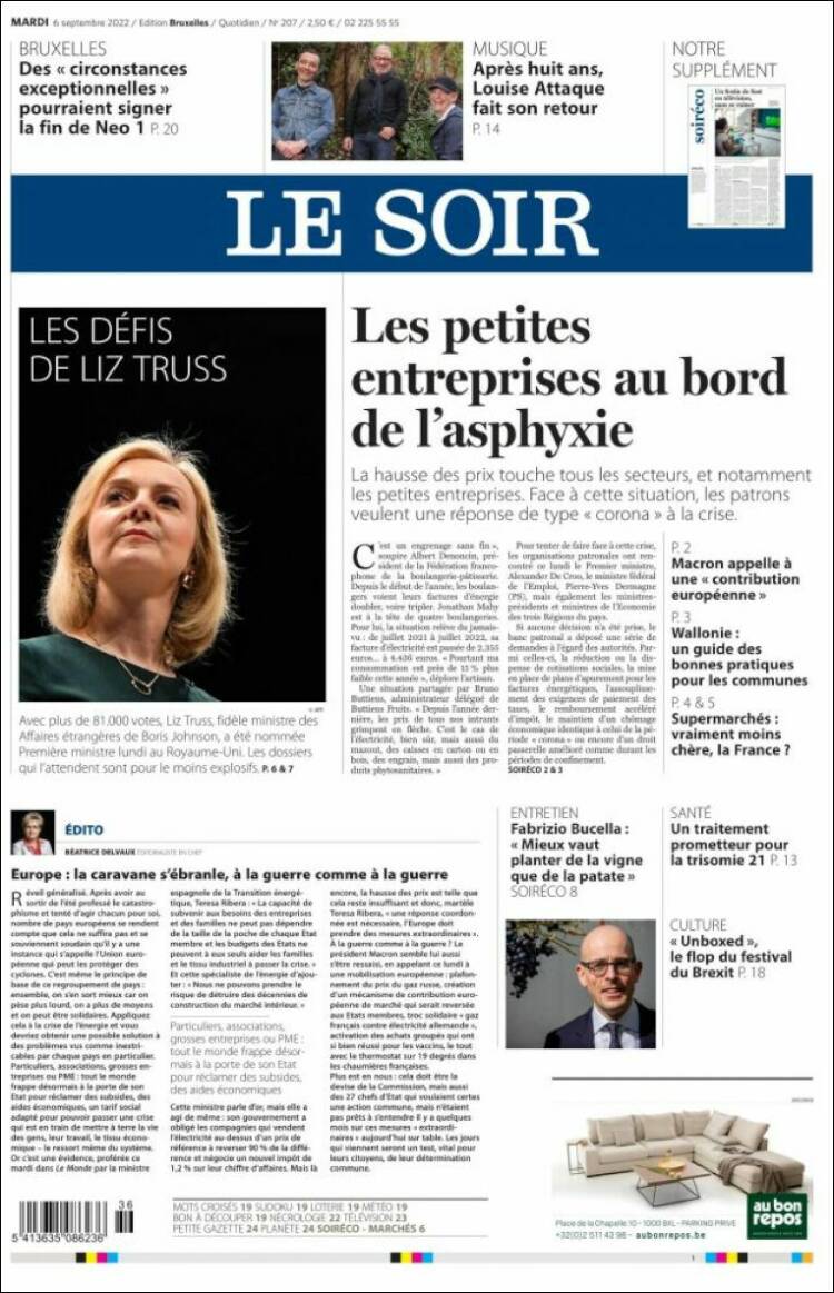 Portada de Le Soir (B&eacute;lgica)