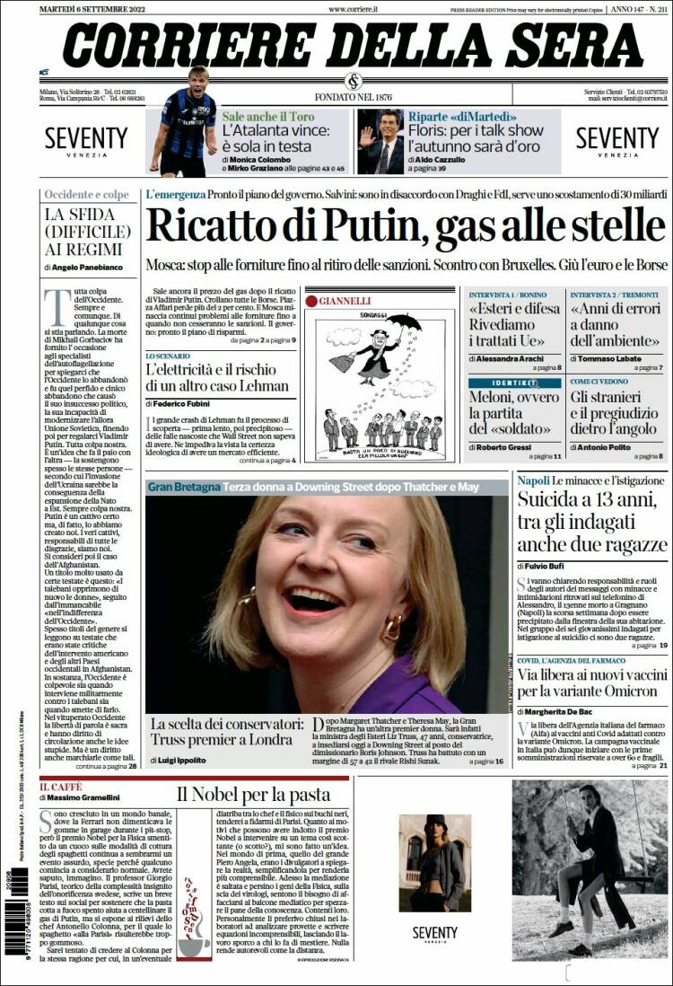 Portada de Corriere della Sera (Italia)