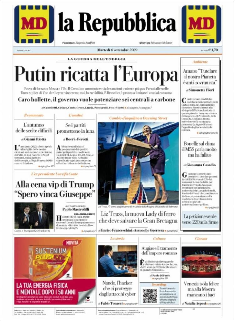 Portada de La Repubblica (Italia)