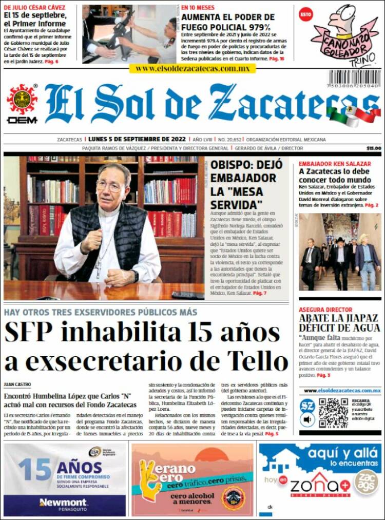 Portada de El Sol de Zacatecas (M&eacute;xico)