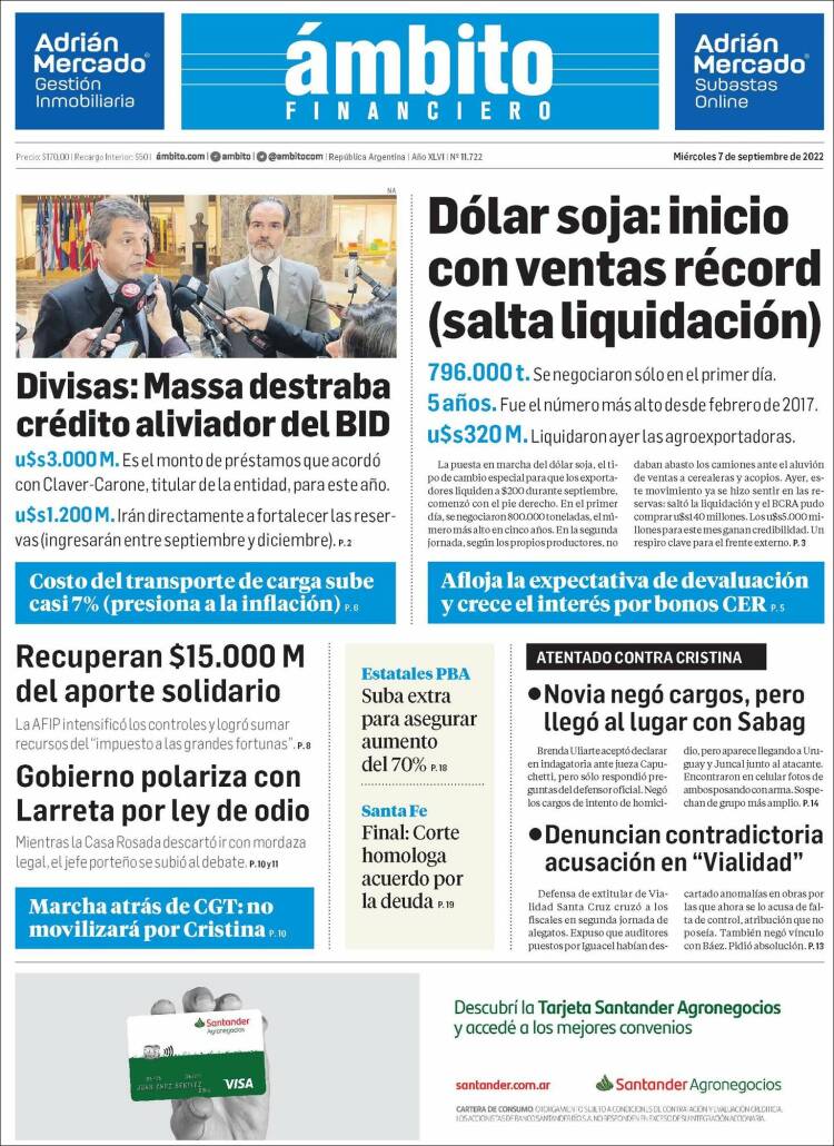 Portada de Diario Ambito Financiero (Argentina)