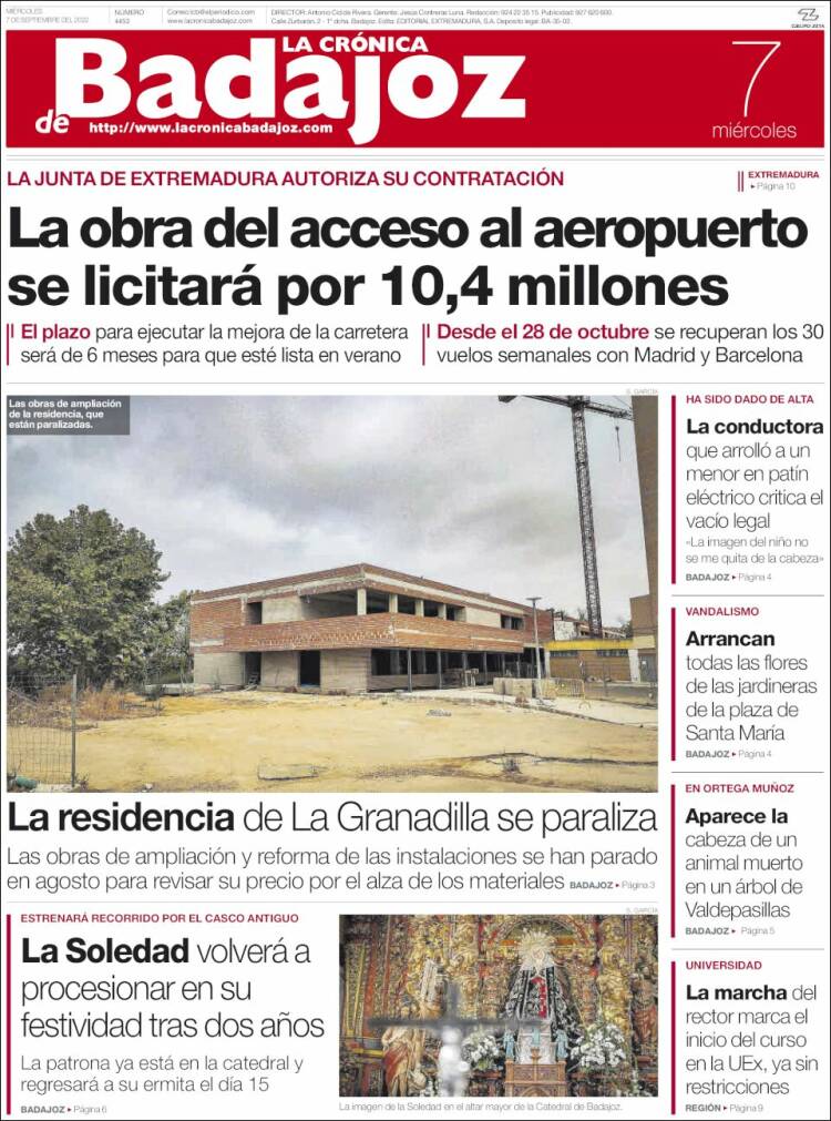 Portada de La Crónica de Badajoz (España)
