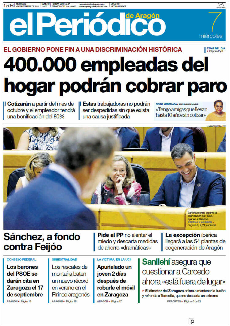 Portada de El Periódico de Aragón (España)