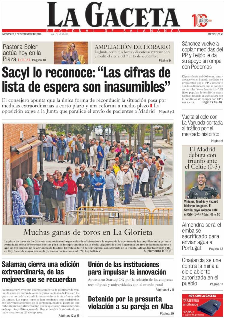 Portada de La Gaceta de Salamanca (España)