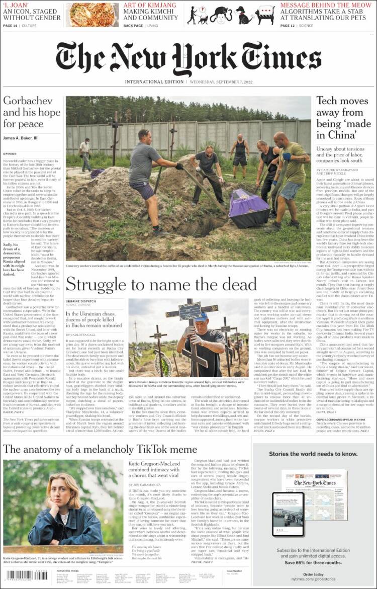 Portada de International New York Times (Europe)