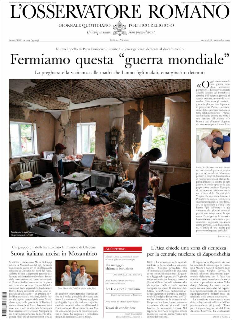 Portada de L'Osservatore Romano (Italie)