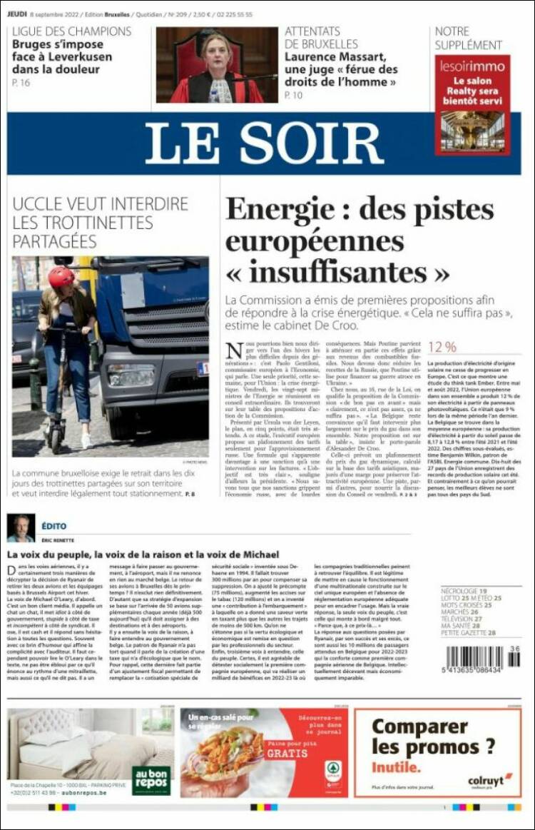 Portada de Le Soir (B&eacute;lgica)