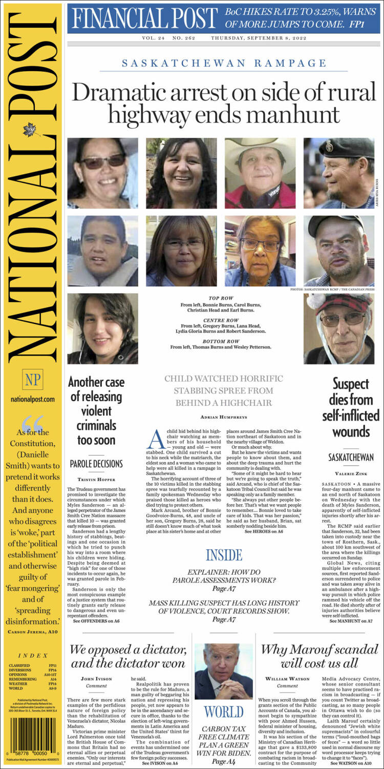 Portada de The National Post (Canadá)