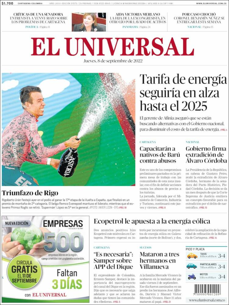 Portada de El Universal (Colombia)