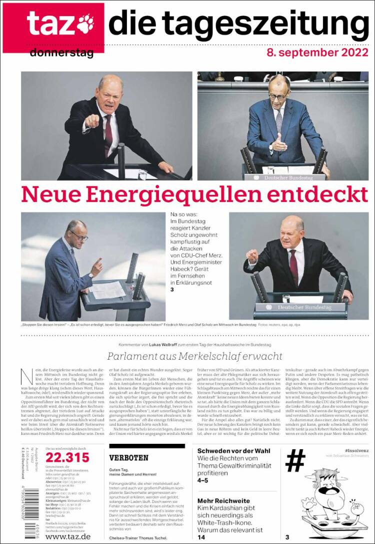 Portada de Die Tageszeitung (Alemania)