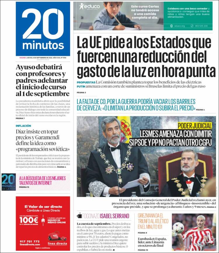 Portada de 20 Minutos - Madrid (España)
