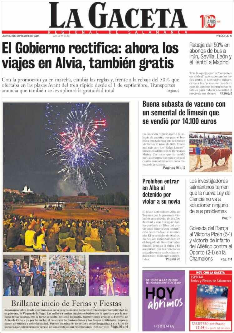 Portada de La Gaceta de Salamanca (España)