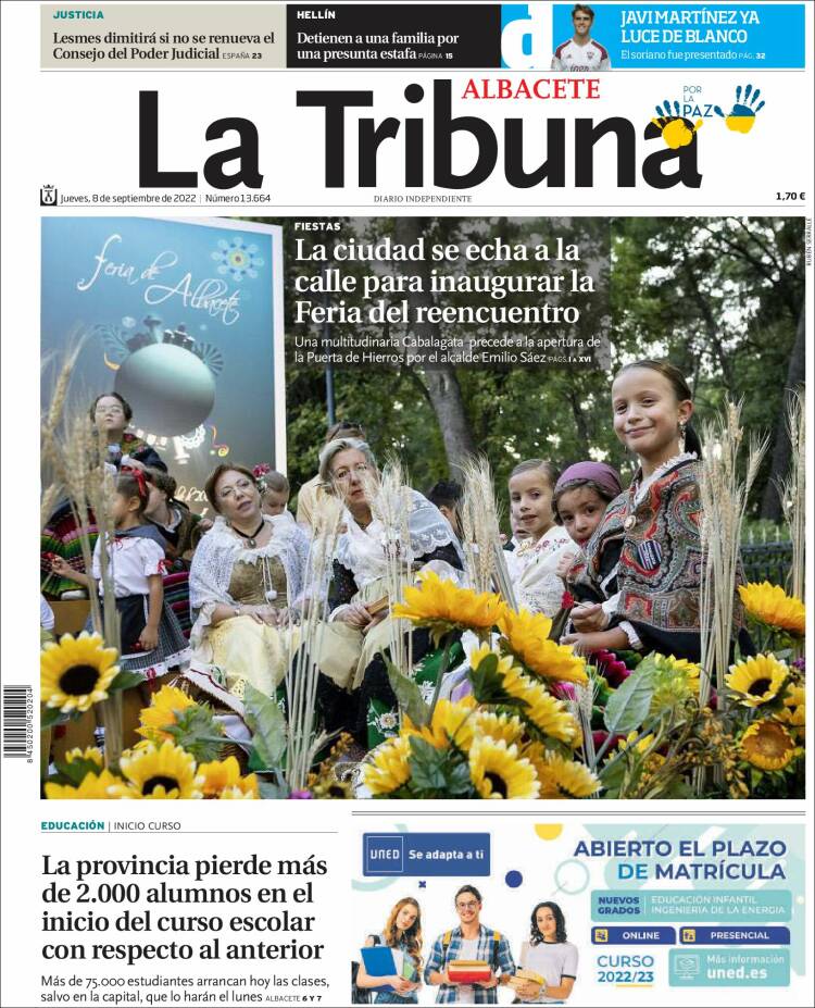 Portada de La Tribuna de Albacete (España)