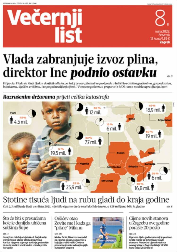 Portada de Večernji (Croacia)