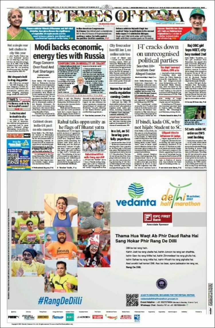 Portada de The Times of India (India)