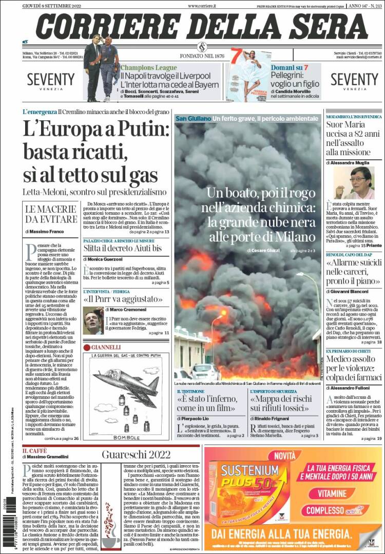 Portada de Corriere della Sera (Italia)