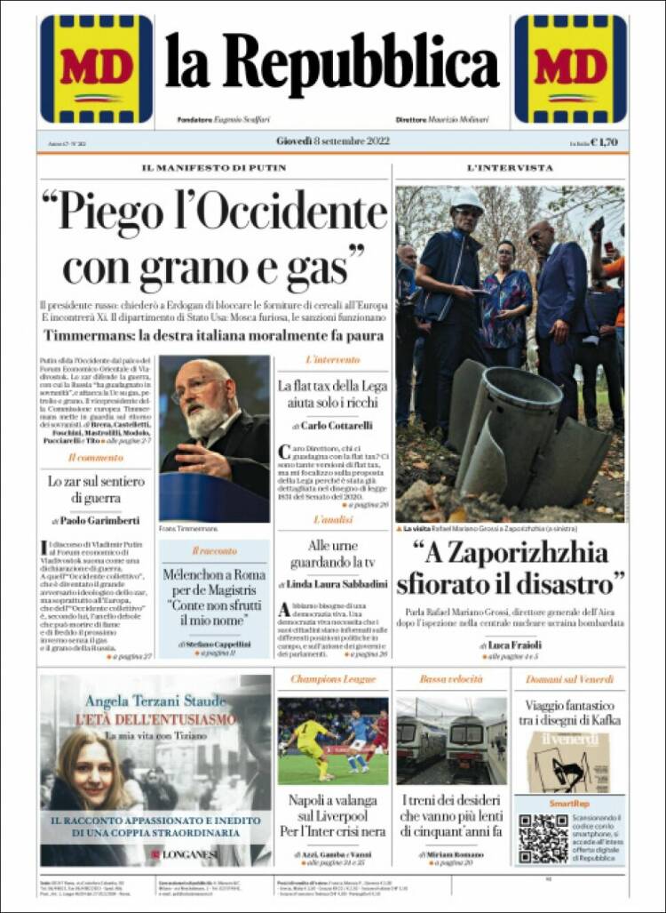 Portada de La Repubblica (Italia)