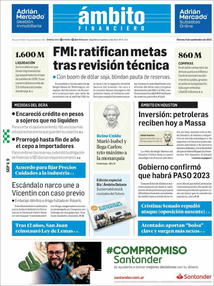 Portada de Diario Ambito Financiero (Argentine)