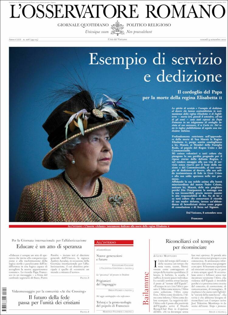 Portada de L'Osservatore Romano (Italia)