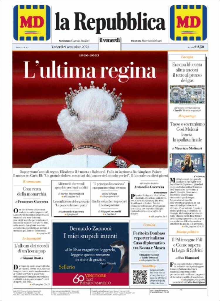 Portada de La Repubblica (Italia)