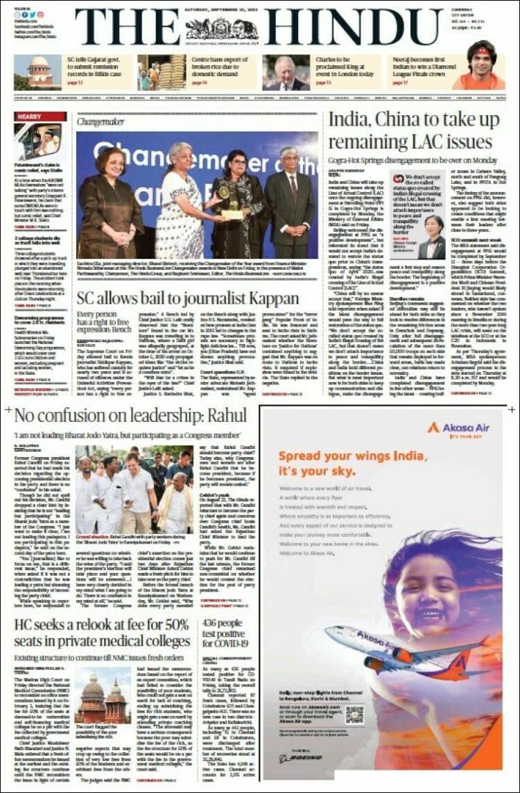 Portada de The Hindu (India)