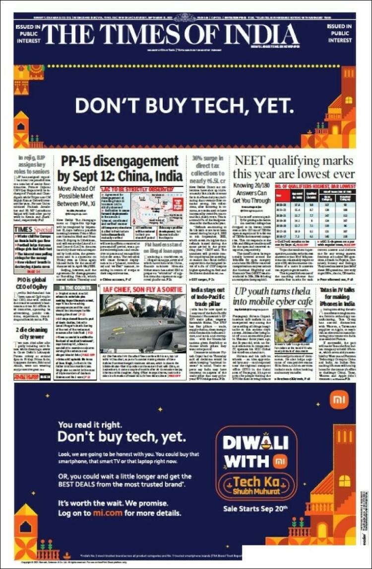 Portada de The Times of India (India)