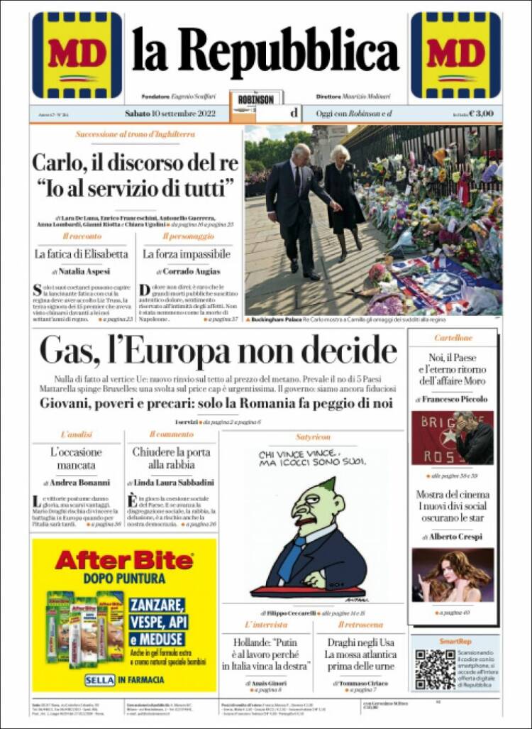 Portada de La Repubblica (Italia)