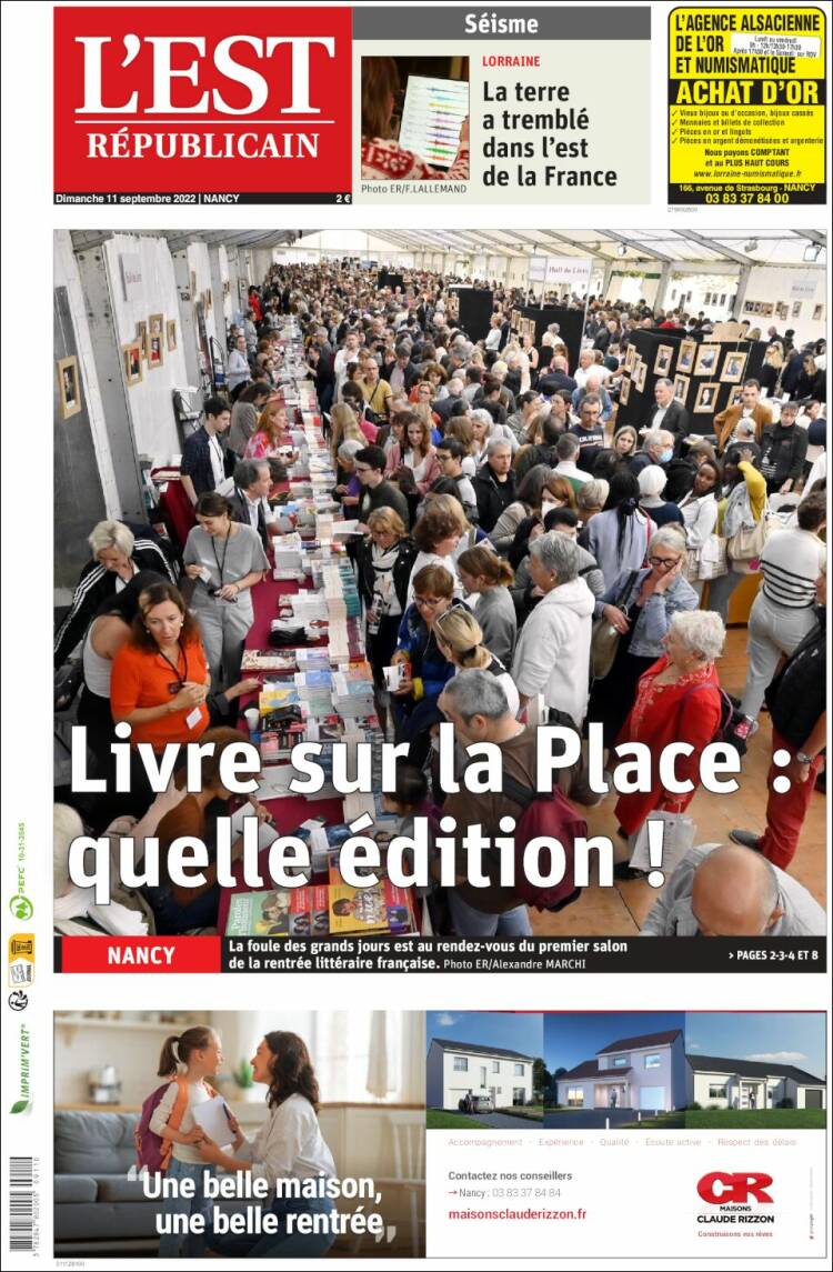 Portada de L'Est Republicain (Francia)