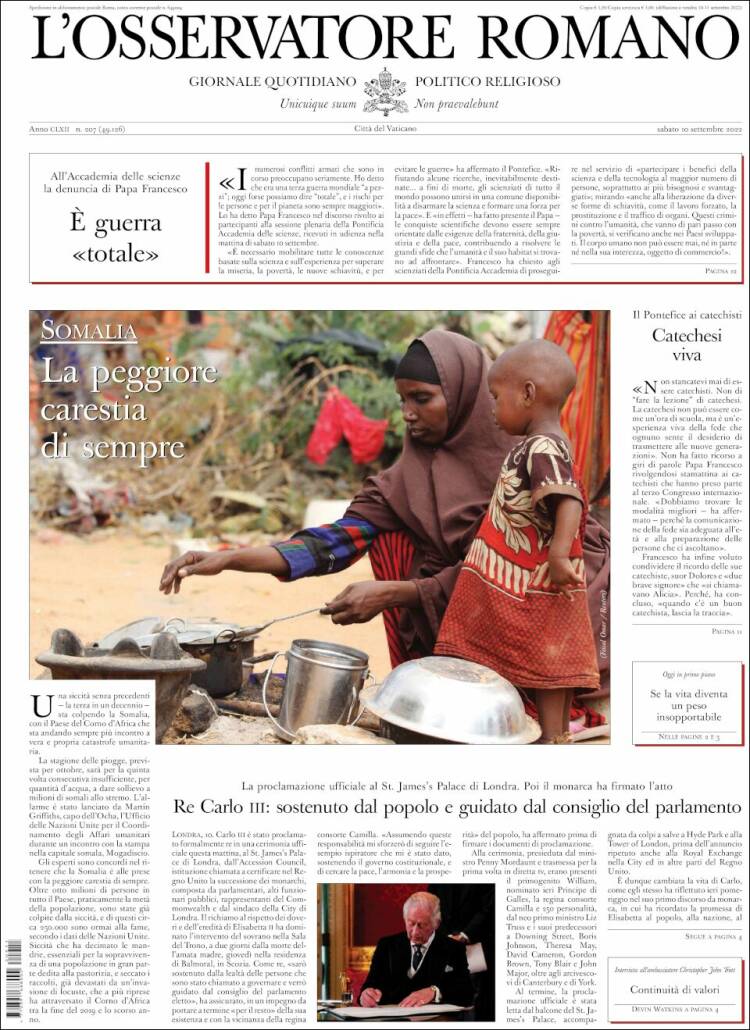 Portada de L'Osservatore Romano (Italia)