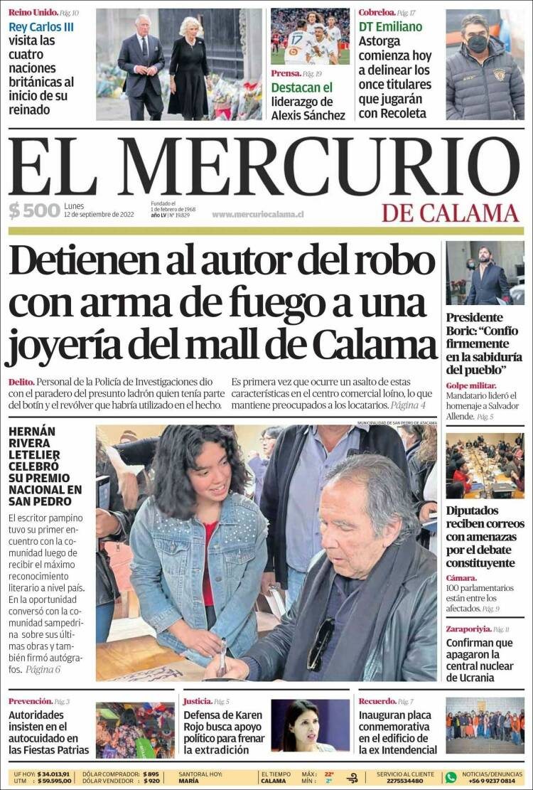 Portada de El Mercurio - Calama (Chile)