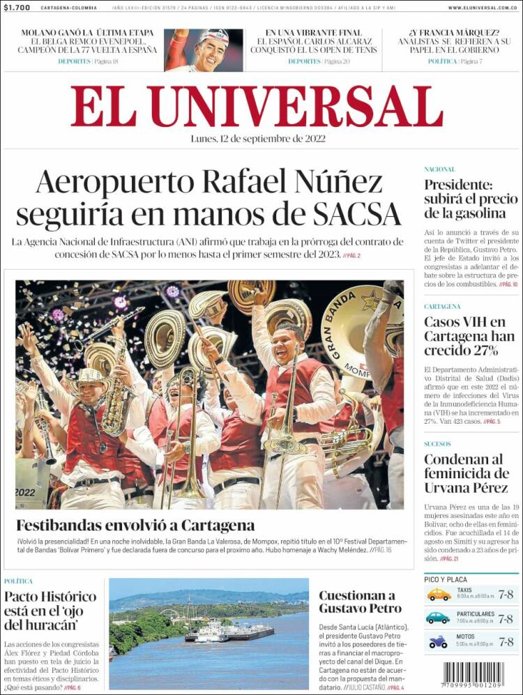 Portada de El Universal (Colombia)