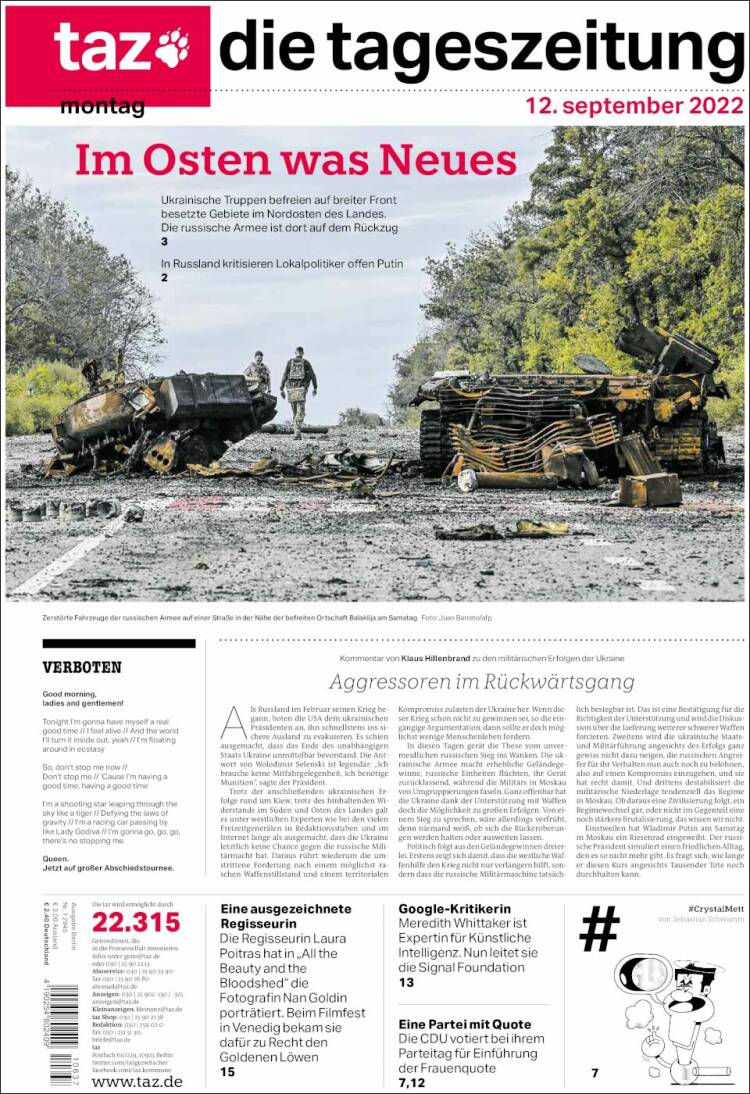 Portada de Die Tageszeitung (Alemania)